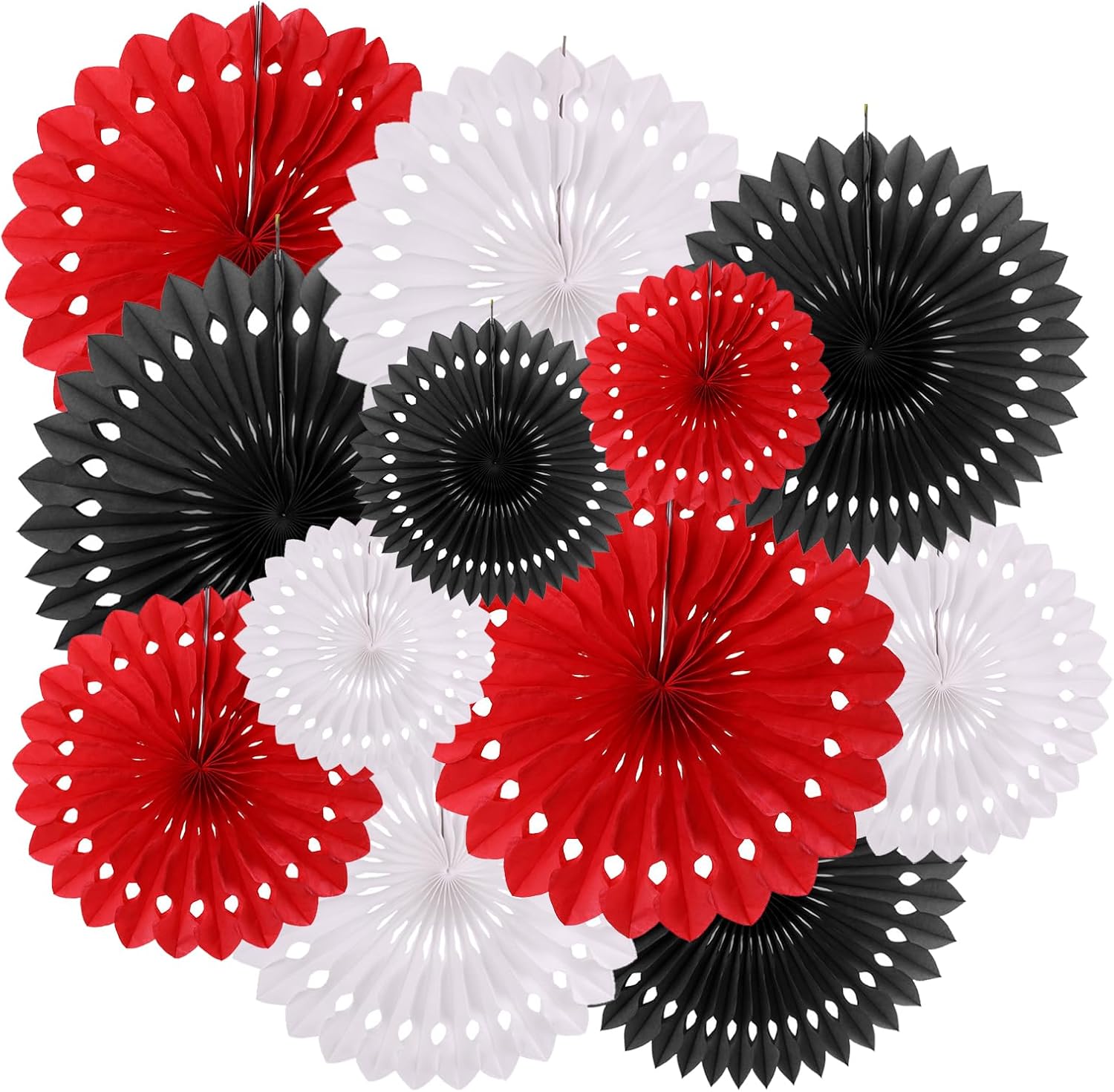 ZOOYOO Hanging Paper Fans Party Decorations,12 Pcs Red Black White Honeycomb Round Fans,Ceiling Decor for Birthday,Wedding,Casino Theme Party Backdrop