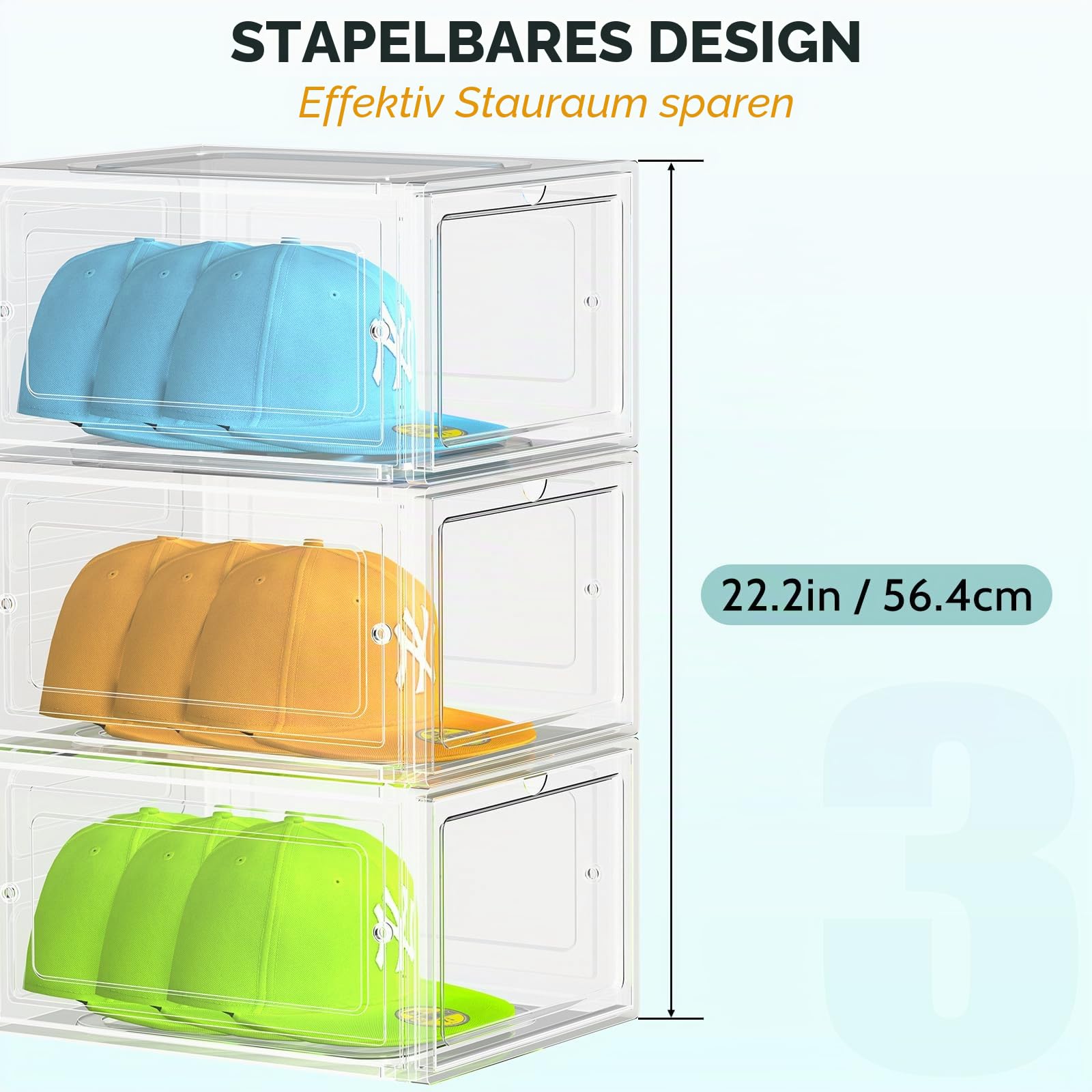 SCAVATA Hut-Organizer-Box, stapelbar, transparent, für Baseballkappen, Behälter mit magnetischer Tür für Hüte, Snapback-Kappen-Aufbewahrung, Hutständer, Vitrine, hält je 8 Hüte (transparent)