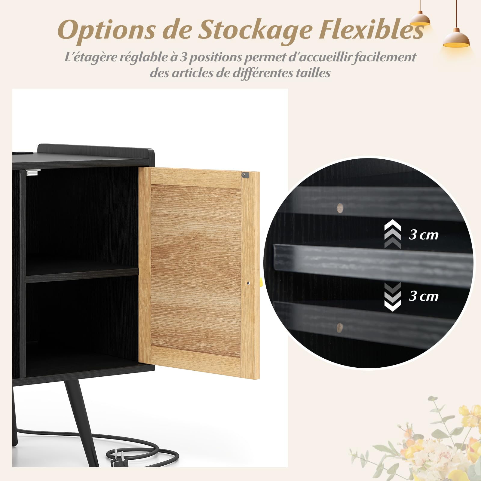 COSTWAY Meuble Vinyle avec Prise, Rangement Vinyle pour 220 Albums, Rangement CD/DVD Manga, Armoire à Porte Cannage,Support pour Tourne-disque, Meuble Hifi pour Salon, Chambre (Noir)