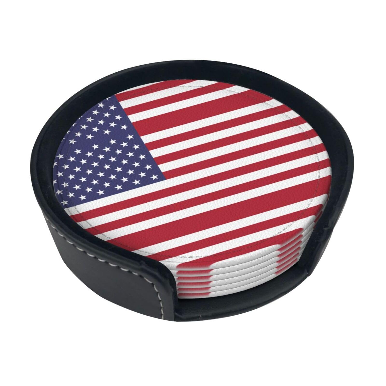 American Flag Patterned Coaster Set (6 Pack), Round Coasters, Suitable for Home Kitchen or Coffee Table Decoration