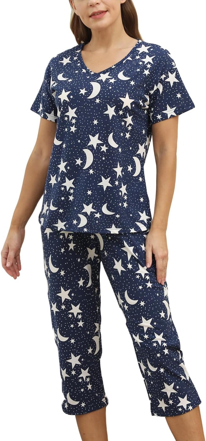Inadays Womens Cotton Pajama Sets Short Sleeve Top With Capri Pants 2 piece sets for Women Summer Pajamas Lounge Set - Image 2