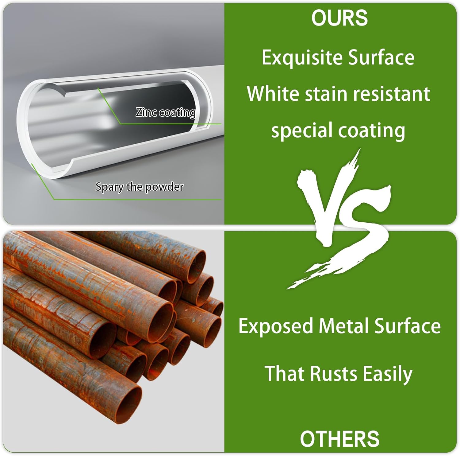 Comparison graphic showing the difference between zinc-coated steel (ours) and exposed metal (others) for rust resistance.
