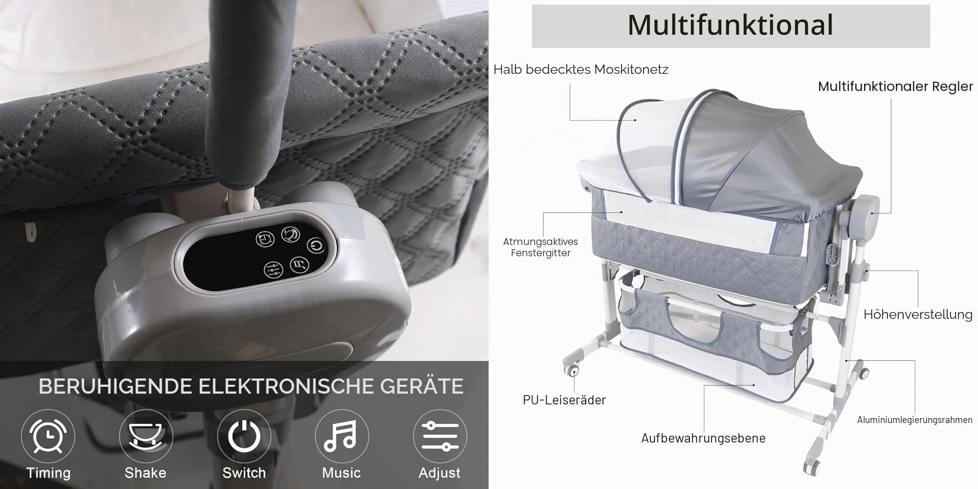 Magic ZC Elektrische Bluetooth Intelligent Beistellbett Baby mit Rollen, Faltbar Co-Sleeping Babybett, Fernbedienung und 5-schwankende Zahnräder, Stubenwagen Kleinkind Wiege mit Musik (608 Khaki)