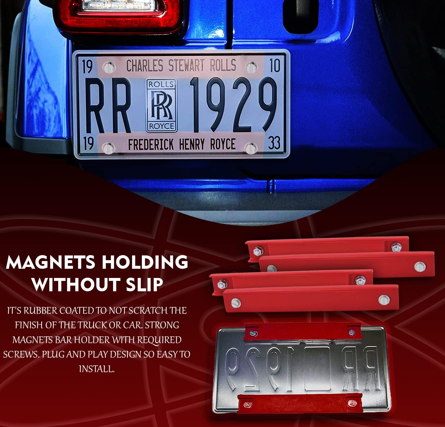 Premium Red Rubber Coated Bar Magnet - Demo License Plate Holder with Hardware (4 Packs)
