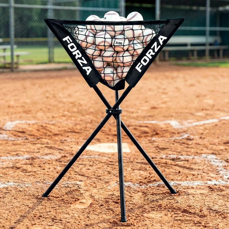 FORZA Portable Pop-Up Ball Caddy - Foldable Ball Hopper for Baseball, Softball & Cricket, 60 Ball Capacity, Metal Frame with Carry Bag