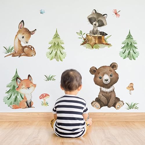 Miniatura 5 de Yovkky Calcomanías de pared de pino con diseño de oso del bosque ciervo zorro mapache decoración de habitación del bebé decoración del hogar
