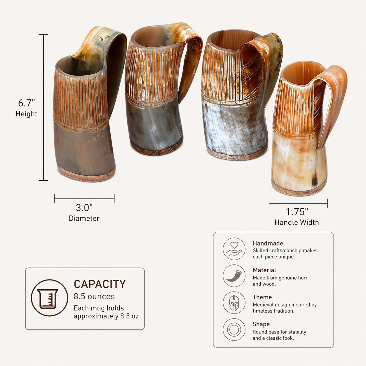 Viking Drinking Horn Mug Set of 4 Handmade – Medieval Ale Tankards with Display Holders, Norse Drinkware, Rustic Bar & Kitchen Decor