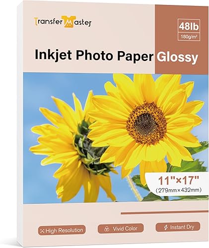 Papel fotográfico de inyección de tinta brillante de 11 x 17 pulgadas, 48 libras, 6.35 ozm, papel fotográfico profesional, 50 hojas de trabajo de