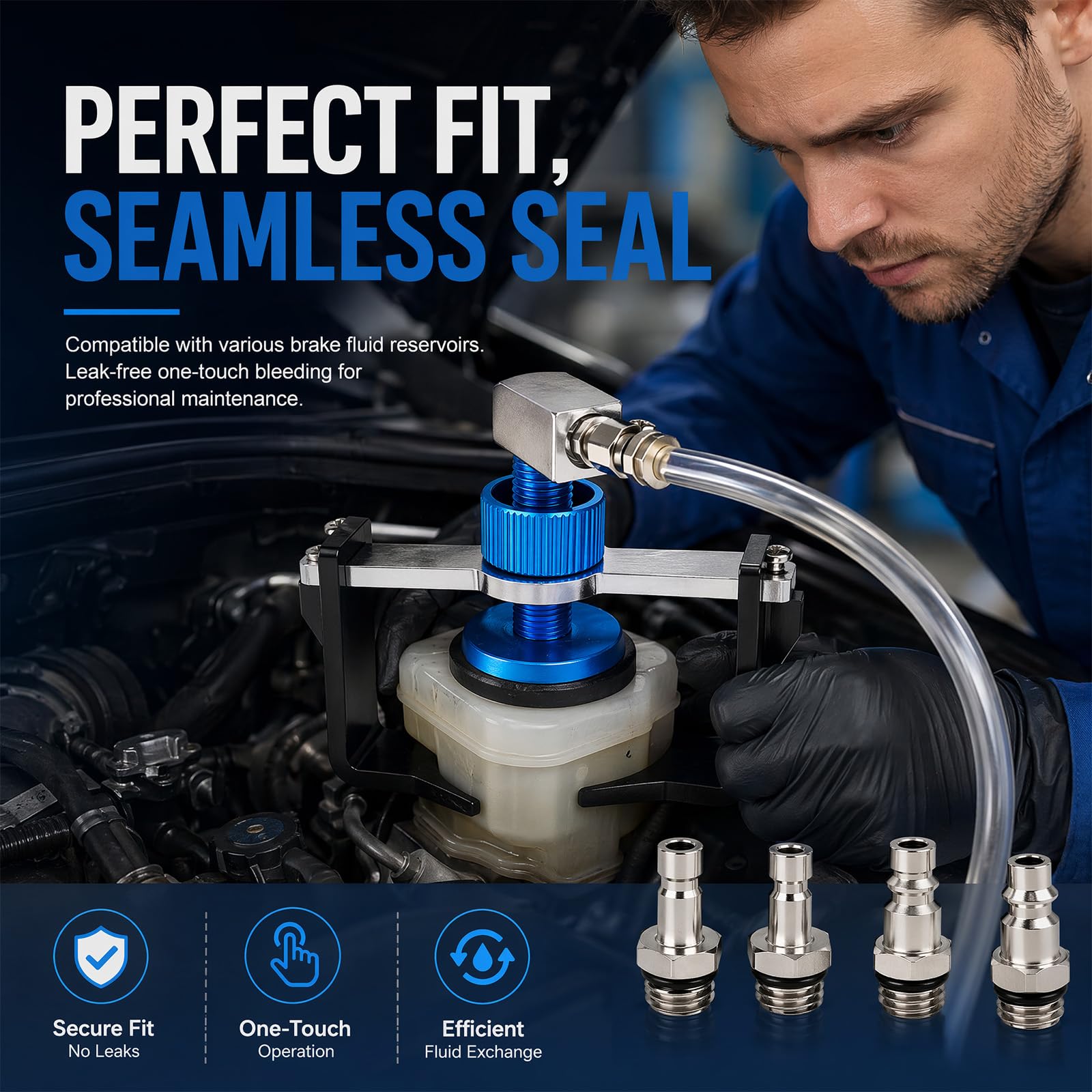 Uniwersalny pojemnik na płyn hamulcowy obracany o 360°, adapter 22-58 mm, 4 szybkozłączki EU/US/metryczne/japońskie do Buick, Cadillac, Chevrolet, Mazda, Honda, Toyota itp., pierścień uszczelniający