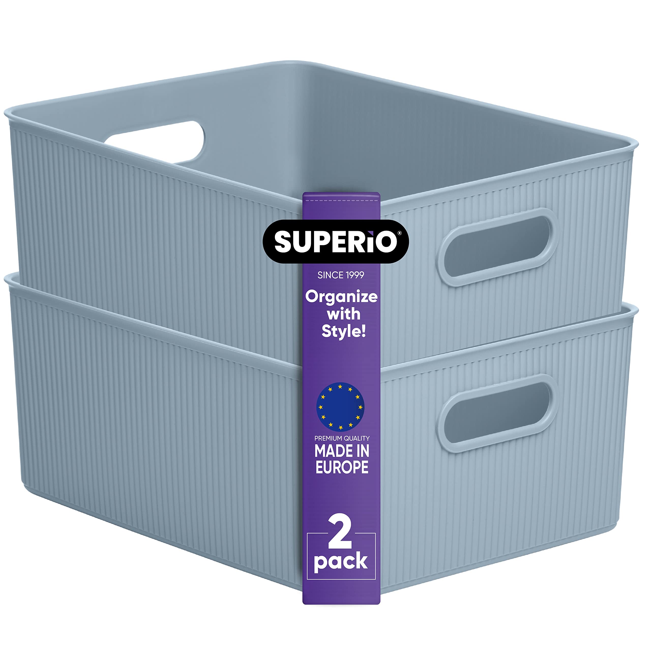 Superio Żebrowany plastikowy organizer do przechowywania - 2 sztuki, pojemnik do przechowywania w szafie z możliwością układania w stos, na półkę, biurko, do spiżarni, na zabawki, ubrania, kosmetyki, artykuły pa (niebieski, 15 litrów)