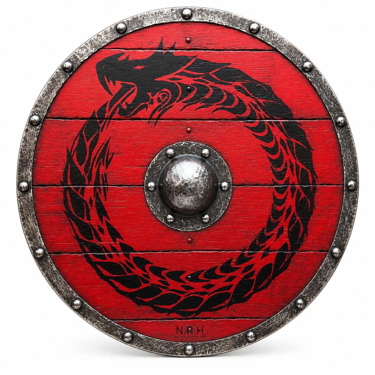 Nautical Replica Hub 24-Inch Wooden Viking Shield with Red and Black Ouroboros Dragon Design - Medieval Round Shield with Steel Boss and Trim for Cosplay, Wall Decor, and Reenactment