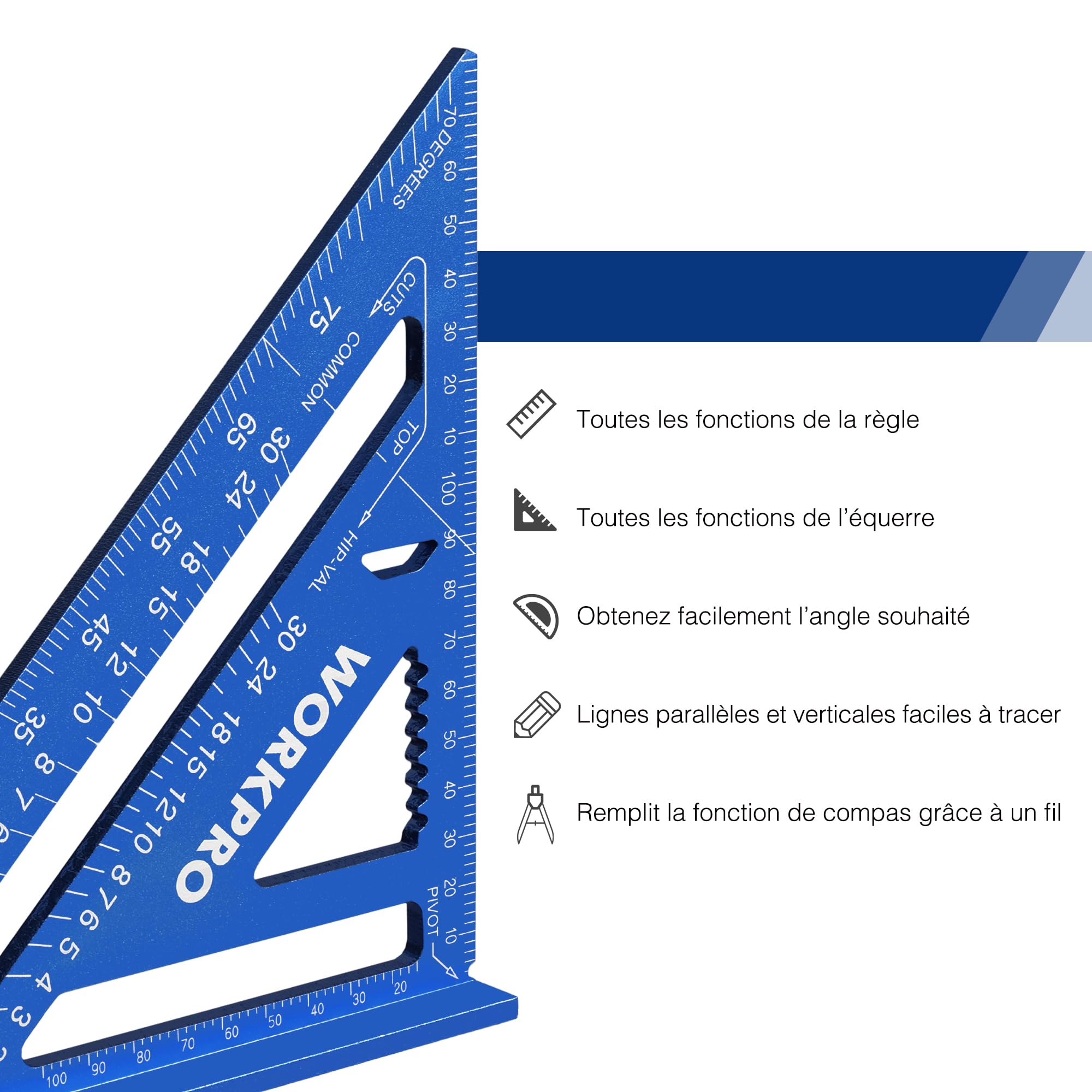 WORKPRO Equerre Menuisier 180 mm, Equerre de Charpentier Triangulaire en Alliage d'Aluminium, Equerre Multifonctionnels pour Bricolage, Outillage, Menuiserie (Métrique)