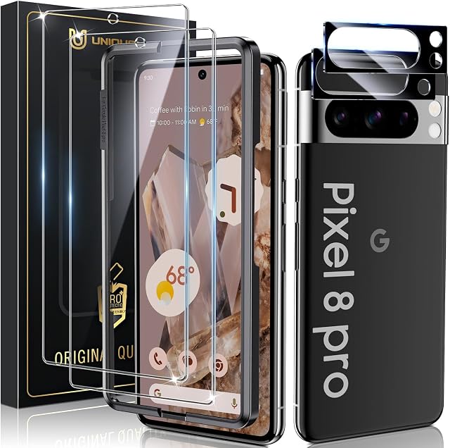 UniqueMe 2+2 Pack Screen Protector for Google Pixel 8 Pro, Tempered Glass Screen Protectors + Camera Lens Protector for 8 Pro, Support Fingerprint Anti -Scratch HD Clear Film, Easy Installation