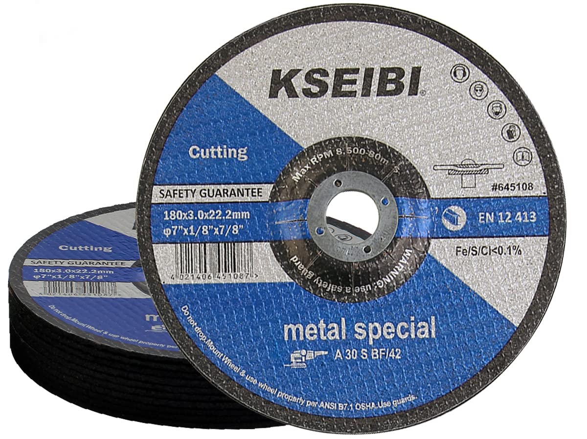 KSEIBI 645108 Rueda de corte y molienda de metal de 7 pulgadas por 1/8 pulgadas, disco deprimido de corte central recortado, 7/8 pulgadas, paquete de 10