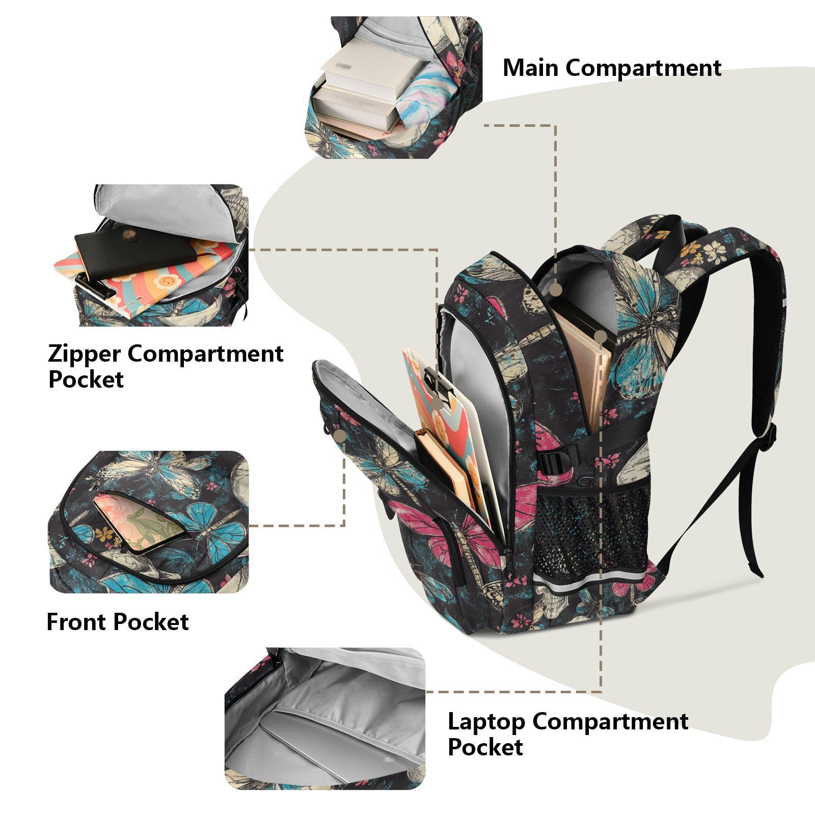 Mochila de viaje grande para mujer, calaveras, flores retro, mariposa, trabajo, universidad, escuela, mochila de 17.5 pulgadas con compartimento para laptop, bolsa ligera casual