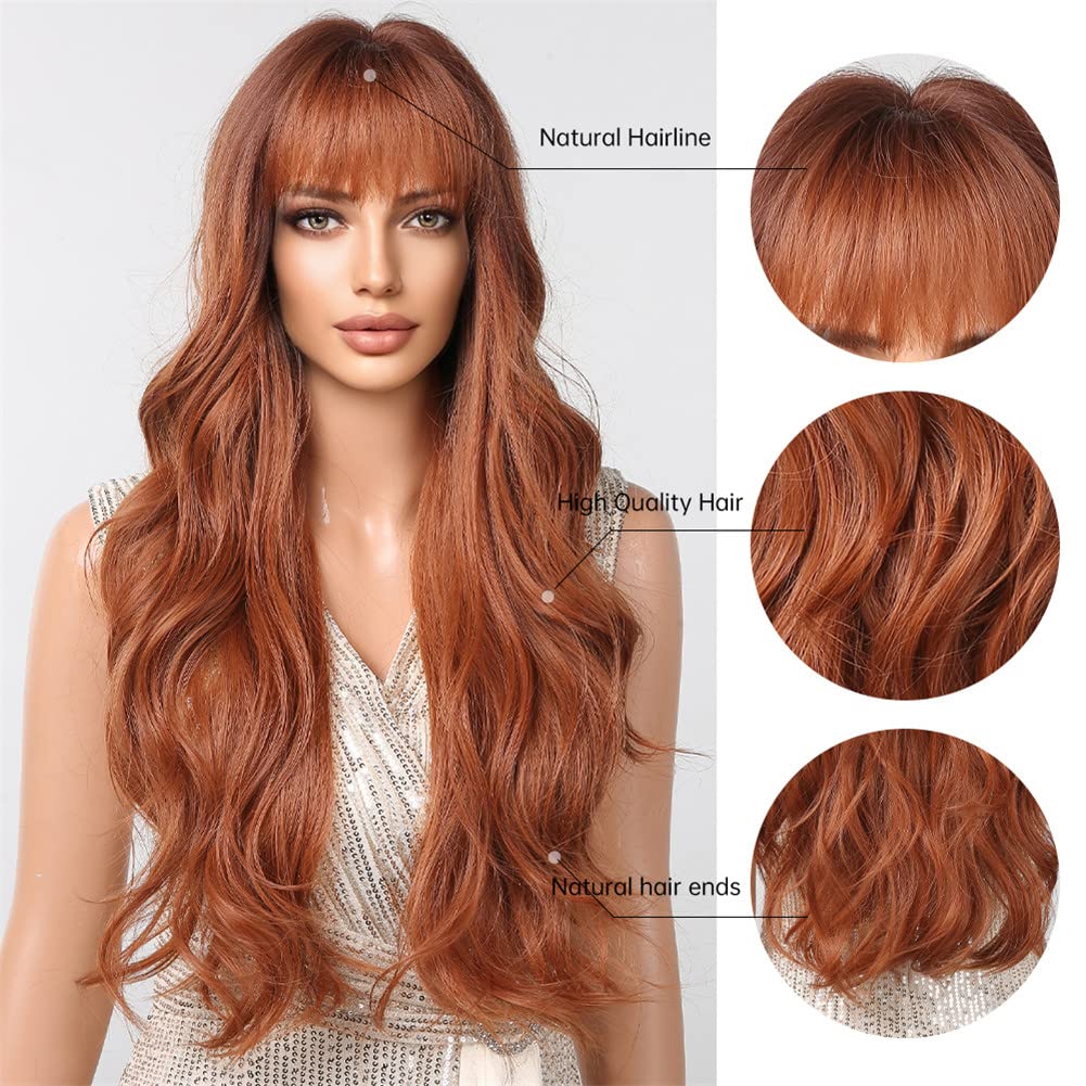 Perruque Synthétique Longue Couleur Orange/roux - Avec Frange, Bonnet Inclus