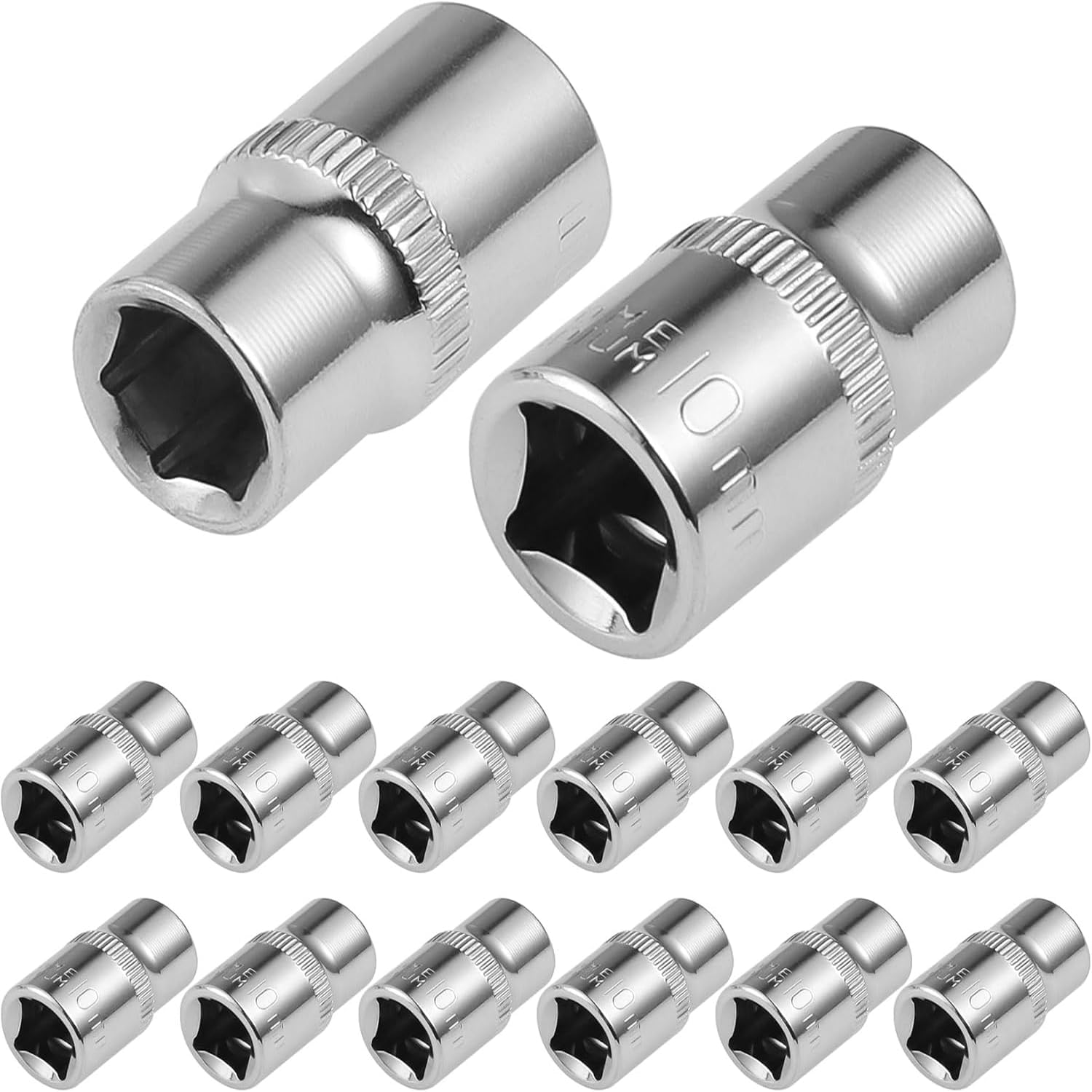 15-Pack 10mm Shallow Socket Set, 3/8-Inch Drive, 6-Point, Mirror Chrome Finish, Metric Impact Sockets