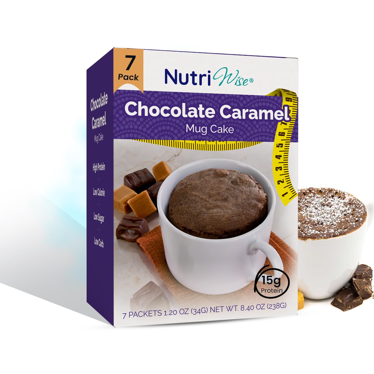 NutriWise Chocolate Caramel Mug Cake Mix | High Protein, Low Calorie, Low Sugar, Low Carb | Gluten Free Diet for Hunger Control | 7/Box