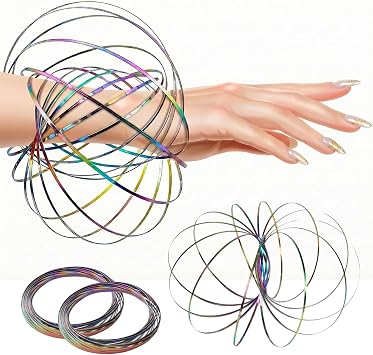 2 Pack Flow Ring Spinner 5.1" Colorful Magic Kinetic Fidget Toy, 304 Stainless Steel Stretchable Foldable Arm Bracelet, Stress Relief Tricks & Play Sensory Toy Ideal Gift for Kids
