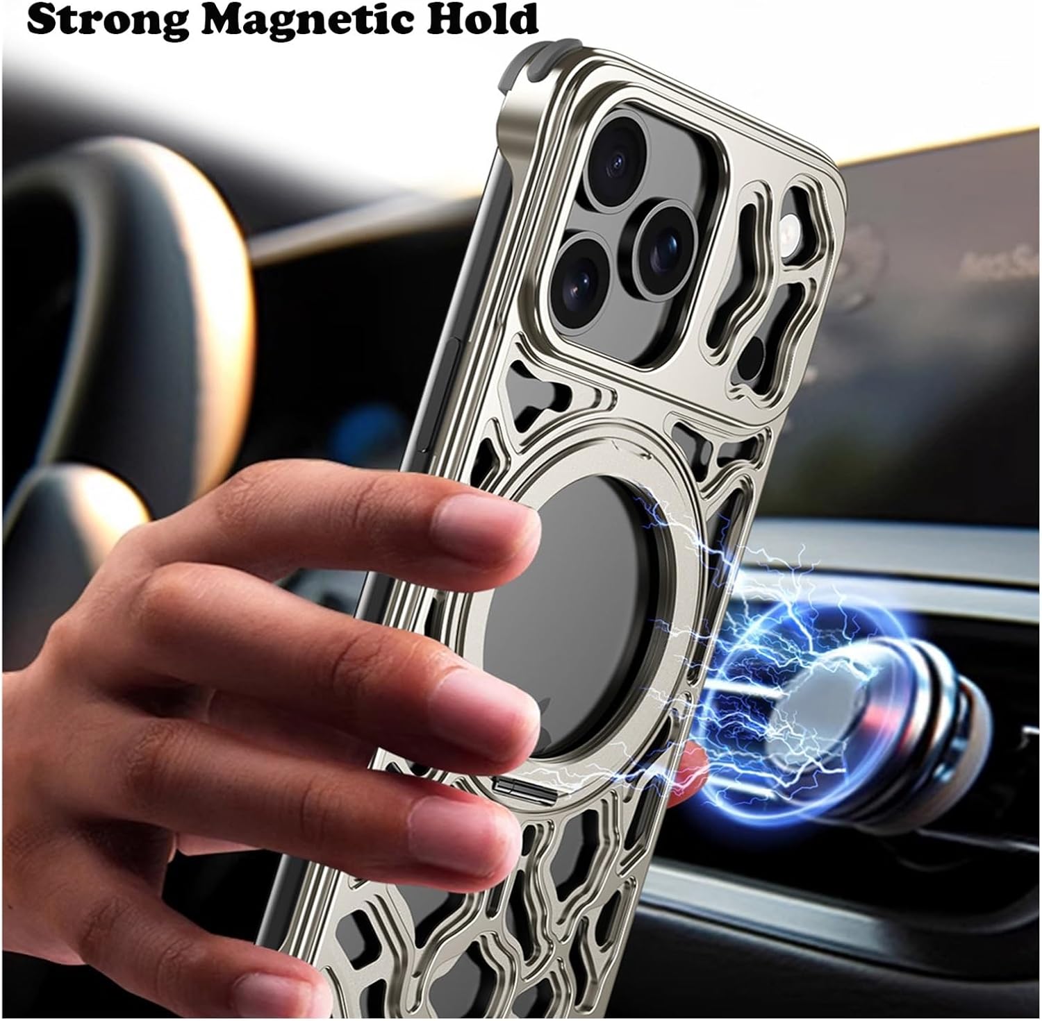 Magnetic Metal Case for iPhone 17 Pro Max/17 Pro, Hollow Heat-Dissipation Aluminum Alloy Frame with Ring Stand, Shockproof Slim Protective Cover, Heavy Duty Shell(Orange,17 PRO)