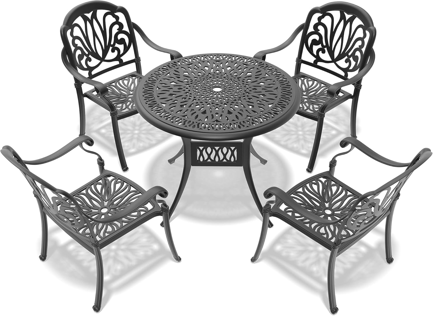 5-Piece Cast Aluminum Patio Furniture Set, Round Table with 4 Chairs, Brown Cushions