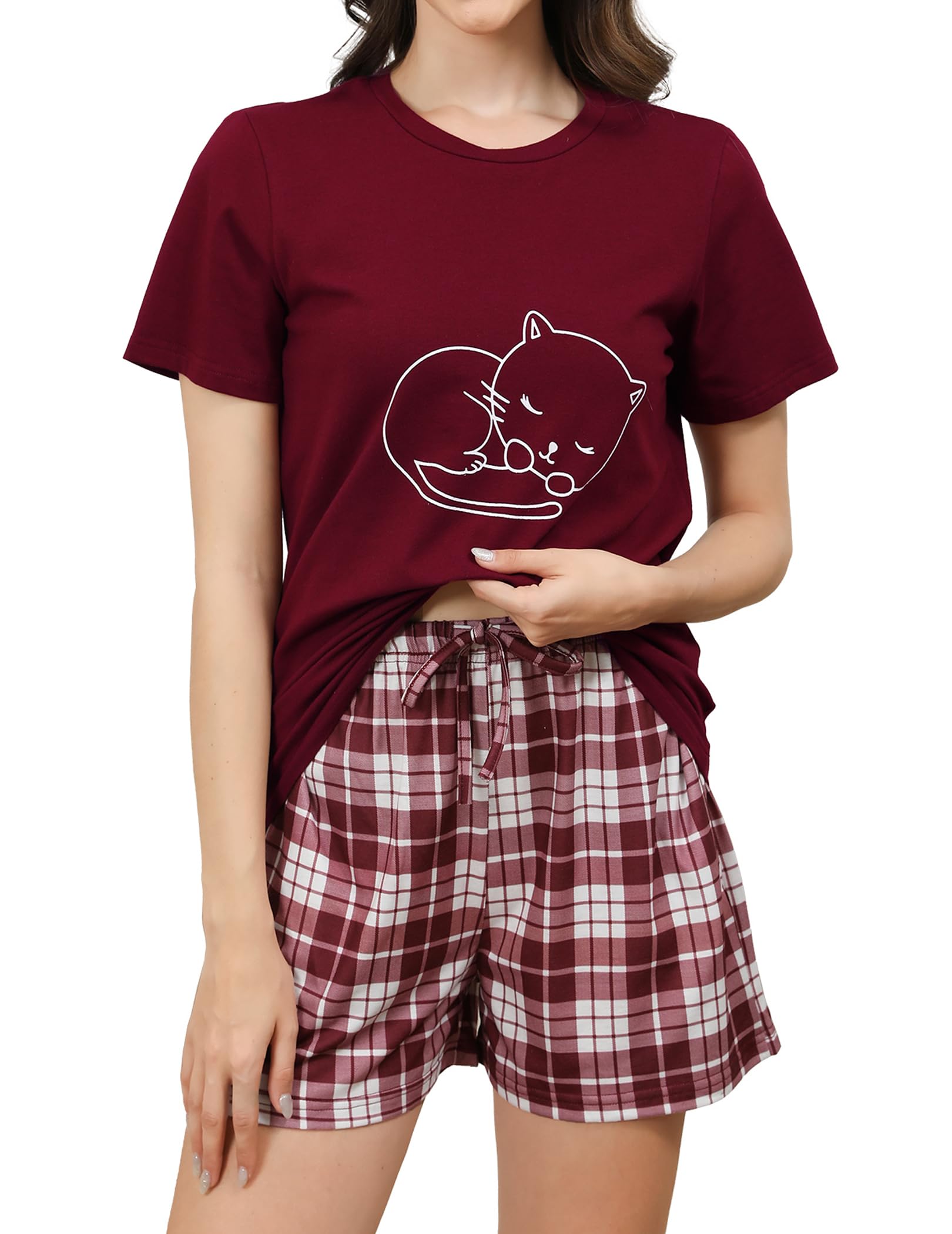 Reliwel Schlafanzug Damen Kurz Baumwolle Pyjama Set Kurzarm Nachtwäsche Set Sommer Zweiteiliger T-Shirt und Damen Pyjamahose Sleepwear Hausanzug Loungewear