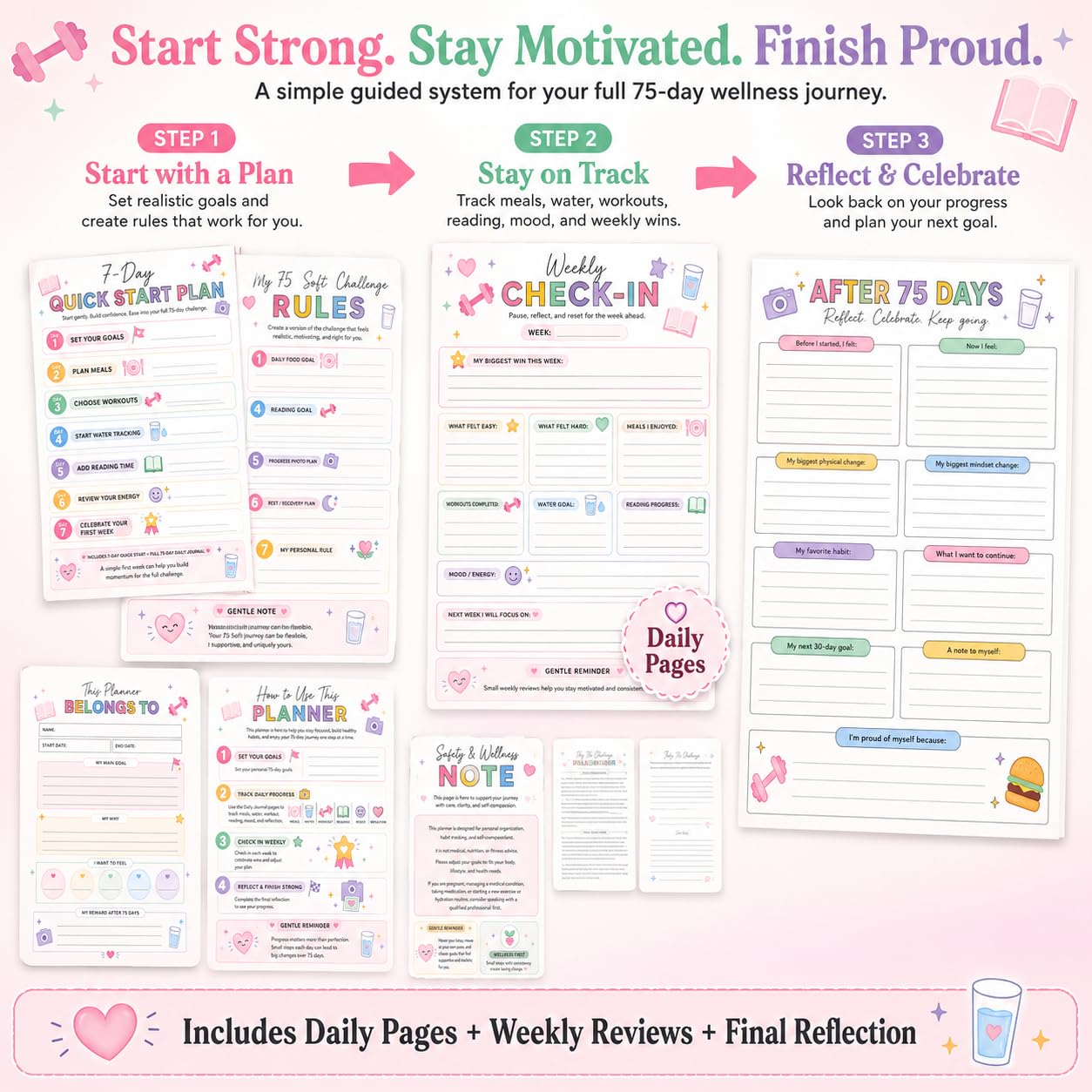 75 Soft Challenge Planner da donna, formato A4, spirale 75 Soft Challenge Journal, libro sfide morbido da 75 giorni con copertina impermeabile in PVC, tracker giornaliero delle sfide morbide 75