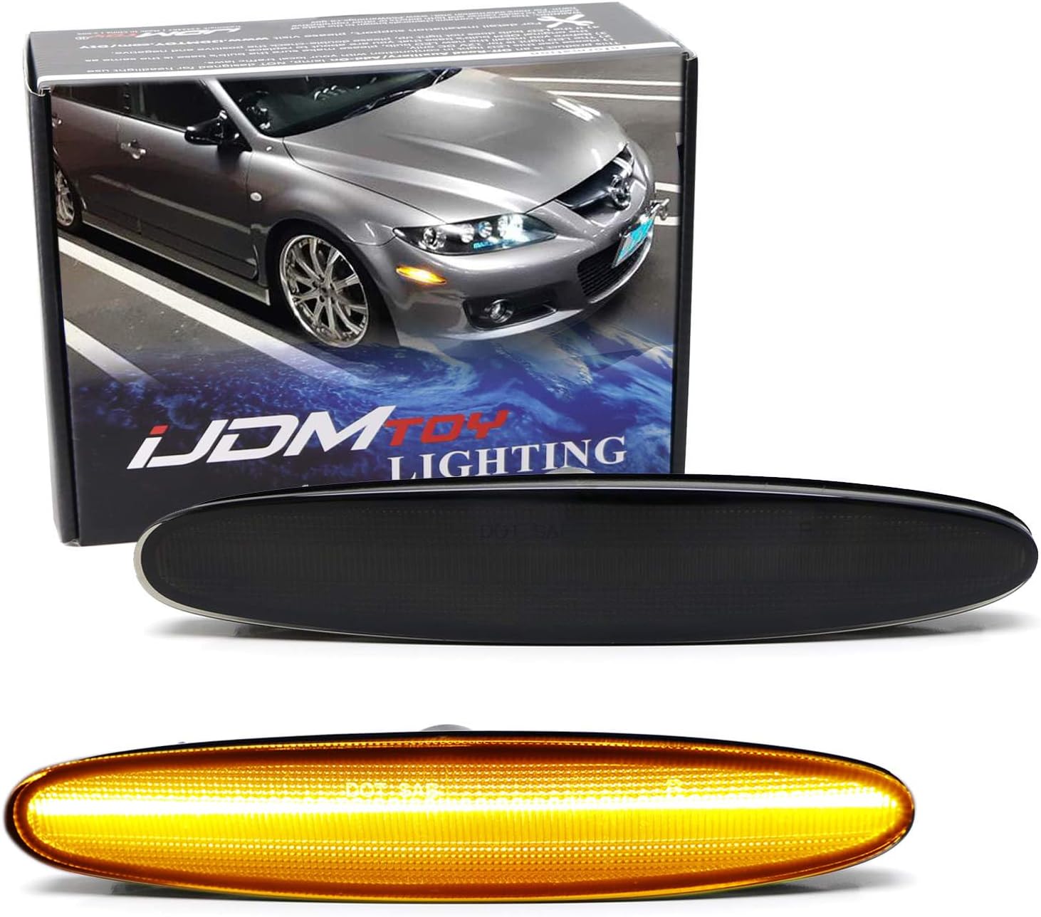 iJDMTOY Smoked Lens Amber Full LED Front Fender Side Marker Light Assembly Kit Compatible With 2003-2008 Mazda 6, Replace OEM Amber Sidemarkers