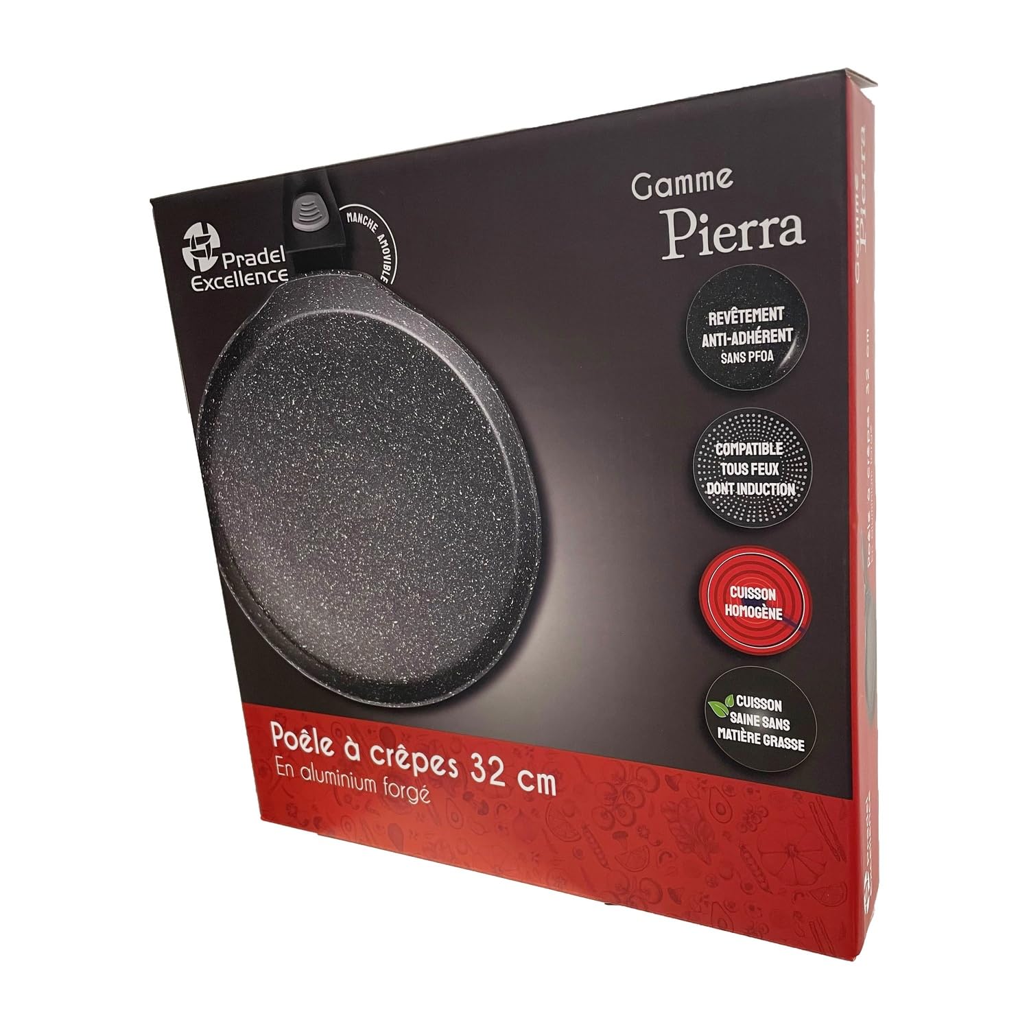 Pradel Excellence - PCUI002009 - Poêle à Crêpes en Aluminium Forgé Pierra Ø32cm - Revêtement Anti-Adhésif Façon Pierre - Manche Amovible - Tout Feu, Induction, Noir