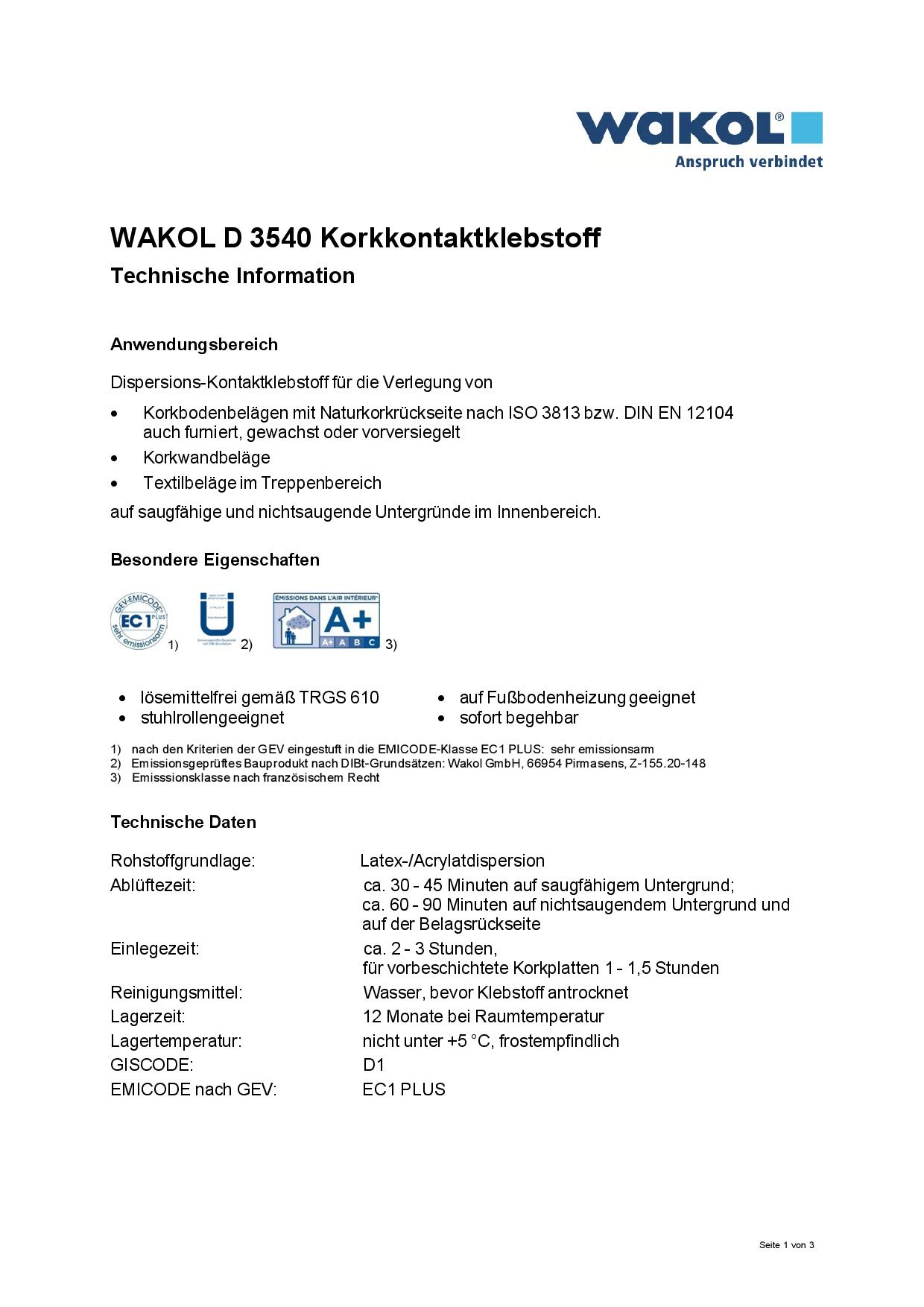 Wakol D 3540 - Adhesivo de contacto de corcho