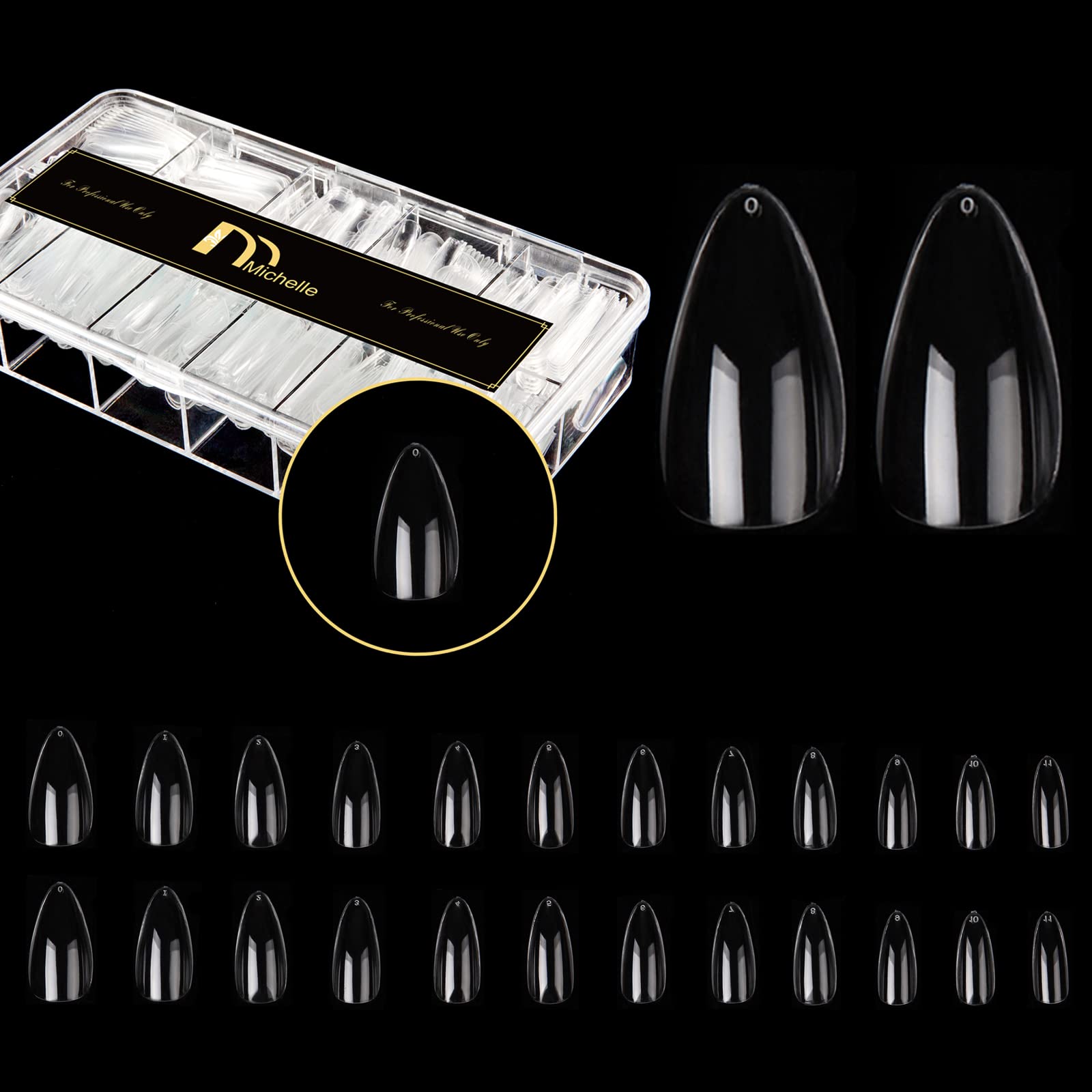 MichelleFalse Nails Tips Stiletto Almond Shape Medium Long Full Cover Nail Tips 12 Sizes with Case 240pcs