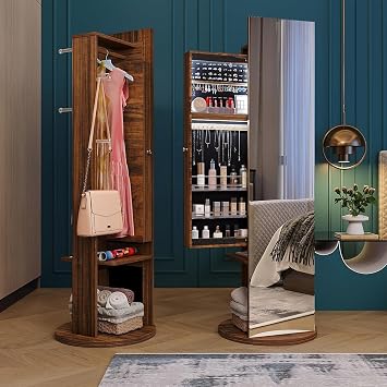 B,360 Rotating Jewelry Cabinet with Led Multifunctional Coat and Hat Mirror/Floor-Standing Dressing Mirror/Full Body Rotating Jewelry Cabinet/Storage and Storage Floor-Standing Mirror