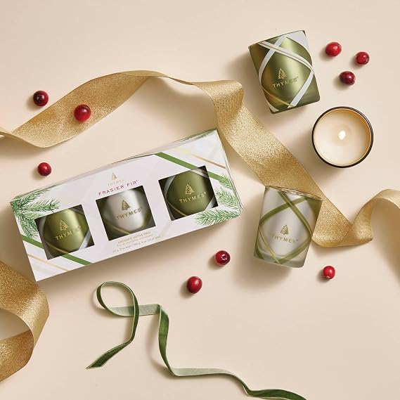 Thymes Aromatic Votive Trio Set of Three Votive Candles Luxury Home Fragrance Scented Candles with Notes of Crisp Siberian Fir, Cedarwood, Sandalwood Frosted Plaid (Frasier Fir, 2 oz Each)