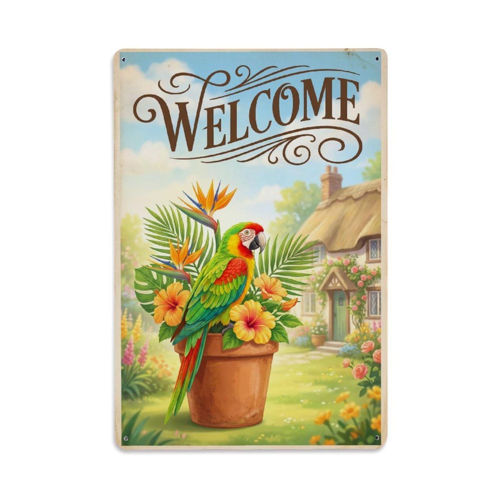 Vintage Welcome Parrot Harvest Time Metal Tin Sign