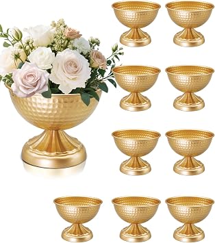 Hammered Gold Vases for Centerpieces 6 Inch Gold Flower Vase for Table Wedding Metal Compote Vase for Party Event Vintage Pedestal Bowl Urn Vases for Anniversary Home Decor Set of 10