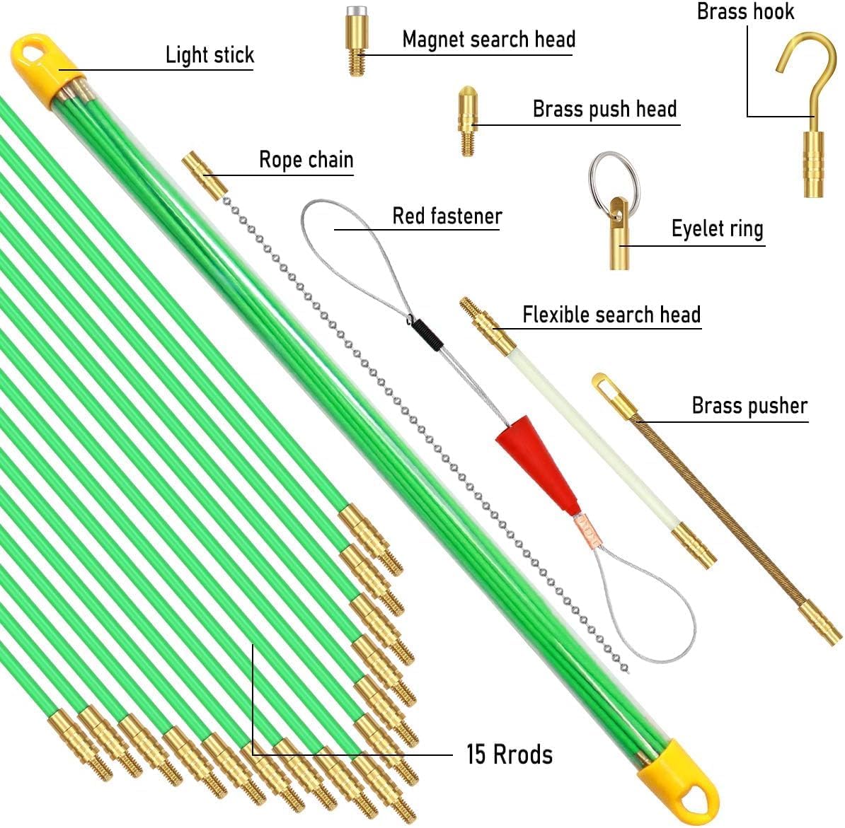 50 Feet Fiberglass Fish Tape Cable Rods, Electrical Wire Running Pull/Push Kit with Hook and Hole Kit Glow Rod, Hook Hole, Green