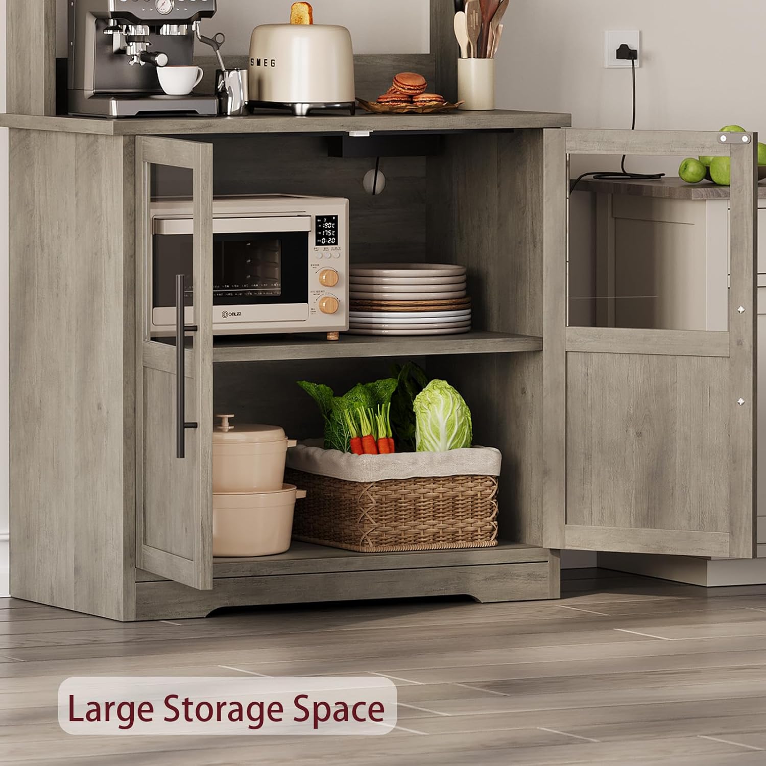 IDEALHOUSE Bakers Rack With Storage Cabinet, Microwave Stand With Power Outlets, Farmhouse Bakers Rack With Thick Table Top, Small Kitchen Pantry for Kitchen,Dining Room,Retro Gray