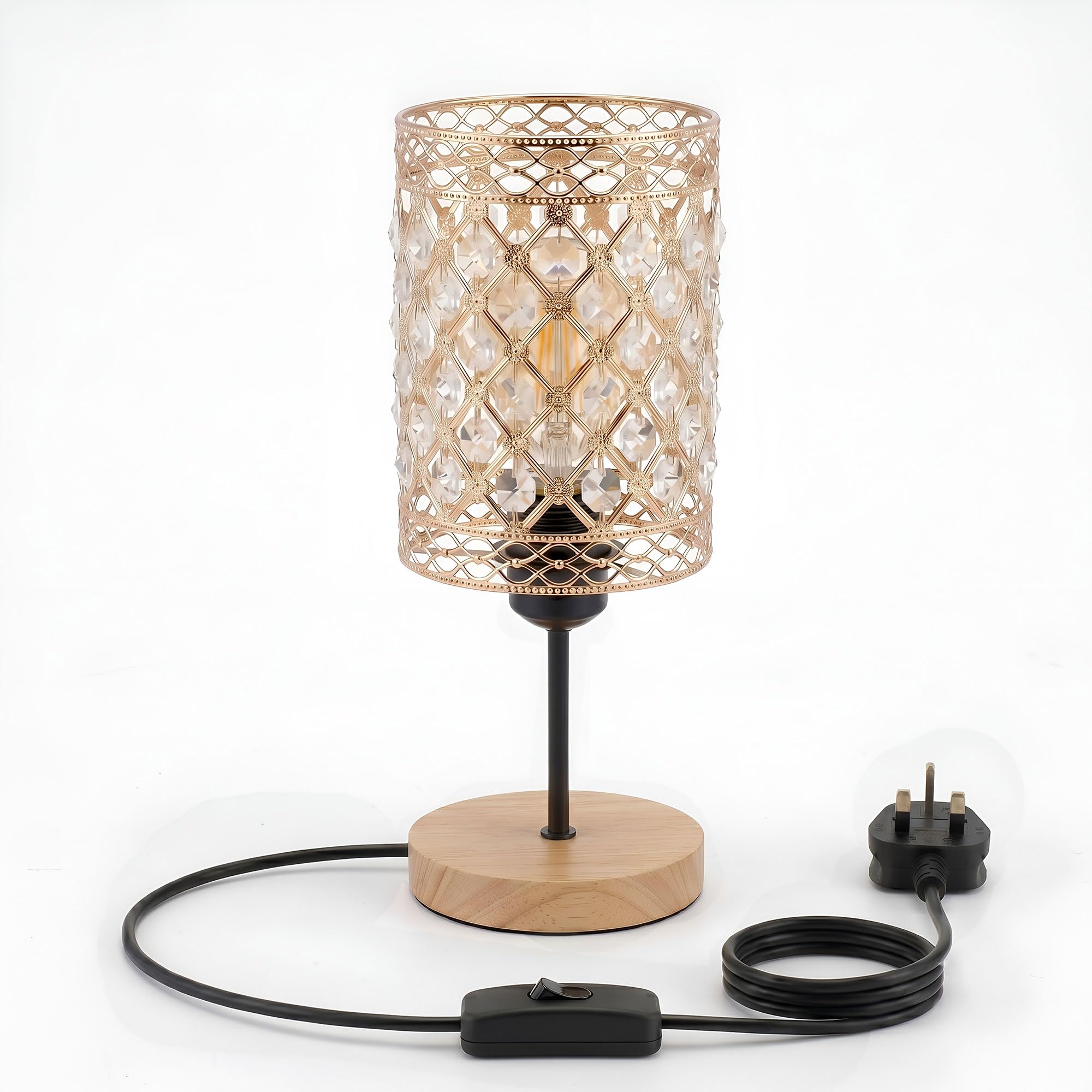LEDSone Crystal Table Lamp with French Gold Barrel Shade & Wooden Base