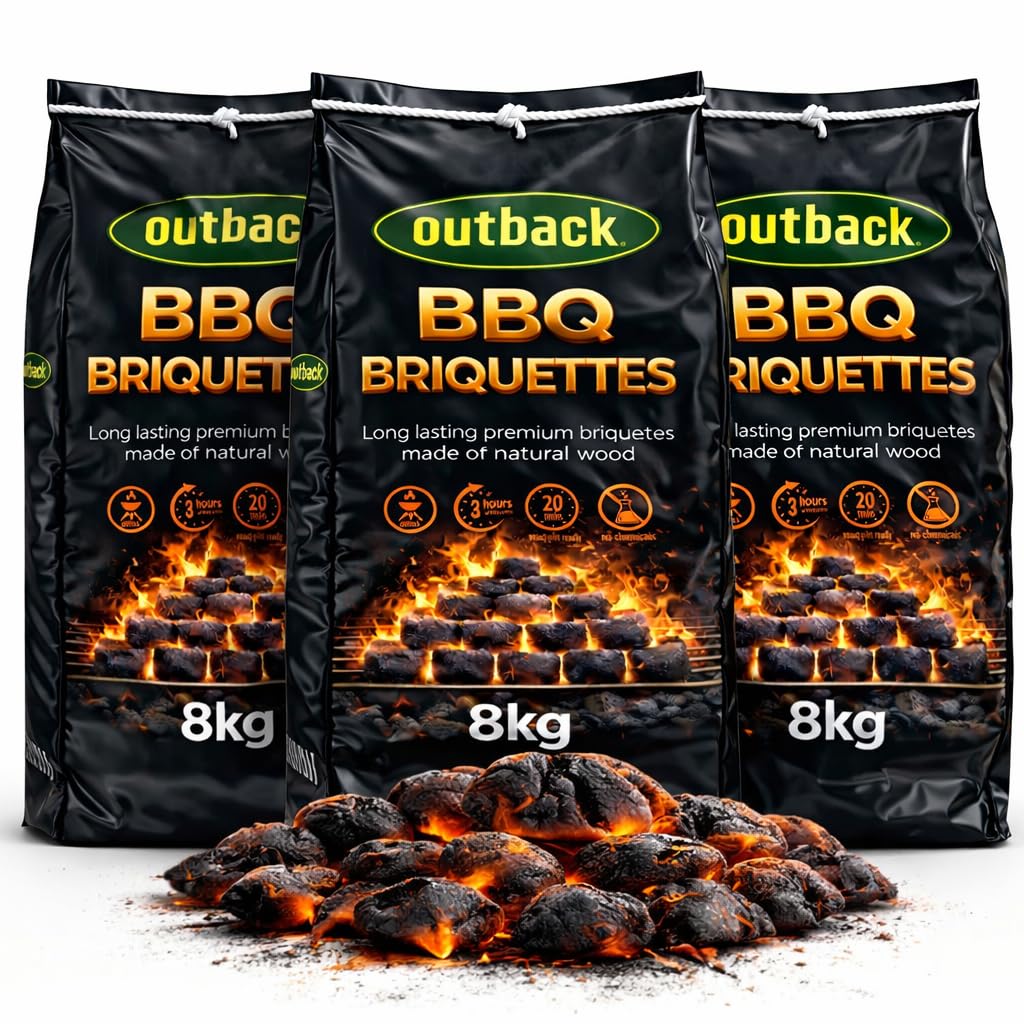 OUTBACK Briquettes 24kg Premium BBQ Charcoal Briquettes, Hotter Longer Burning Constant High Temperature Barbecue Charcoal Coal Perfect for Outdoor Grills (3x 8kg Bag)