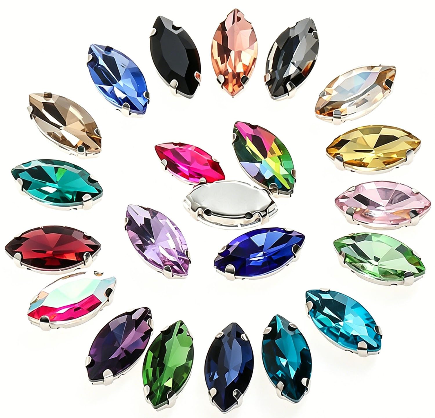 Strass à coudre navette argentés 7x15mm pour customisation de vêtement sac et chaussure