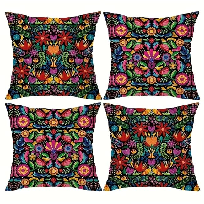 4pcs Mexican Fiesta Throw Pillow Covers,Set of 4 Dragonfly Flower Dahlia Pillow Cases Day of The Dead Dia De Los Muertos Cinco De Mayo Decorations, Short Plush Material 18x18 Pillows