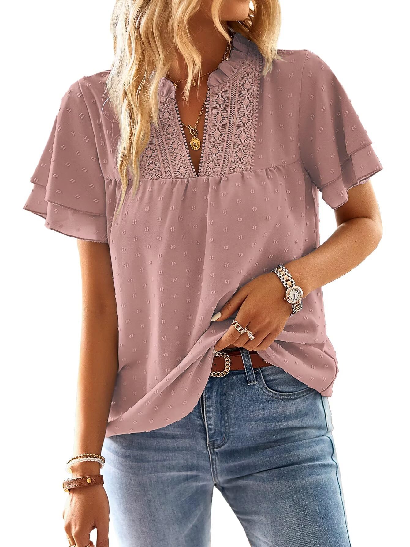 TUUHAW T Shirt Donna Elegante Manica Corta Magliette con Scollo a V Estiva Boho Camicia Casual Volant Abbigliamento Pizzo Top