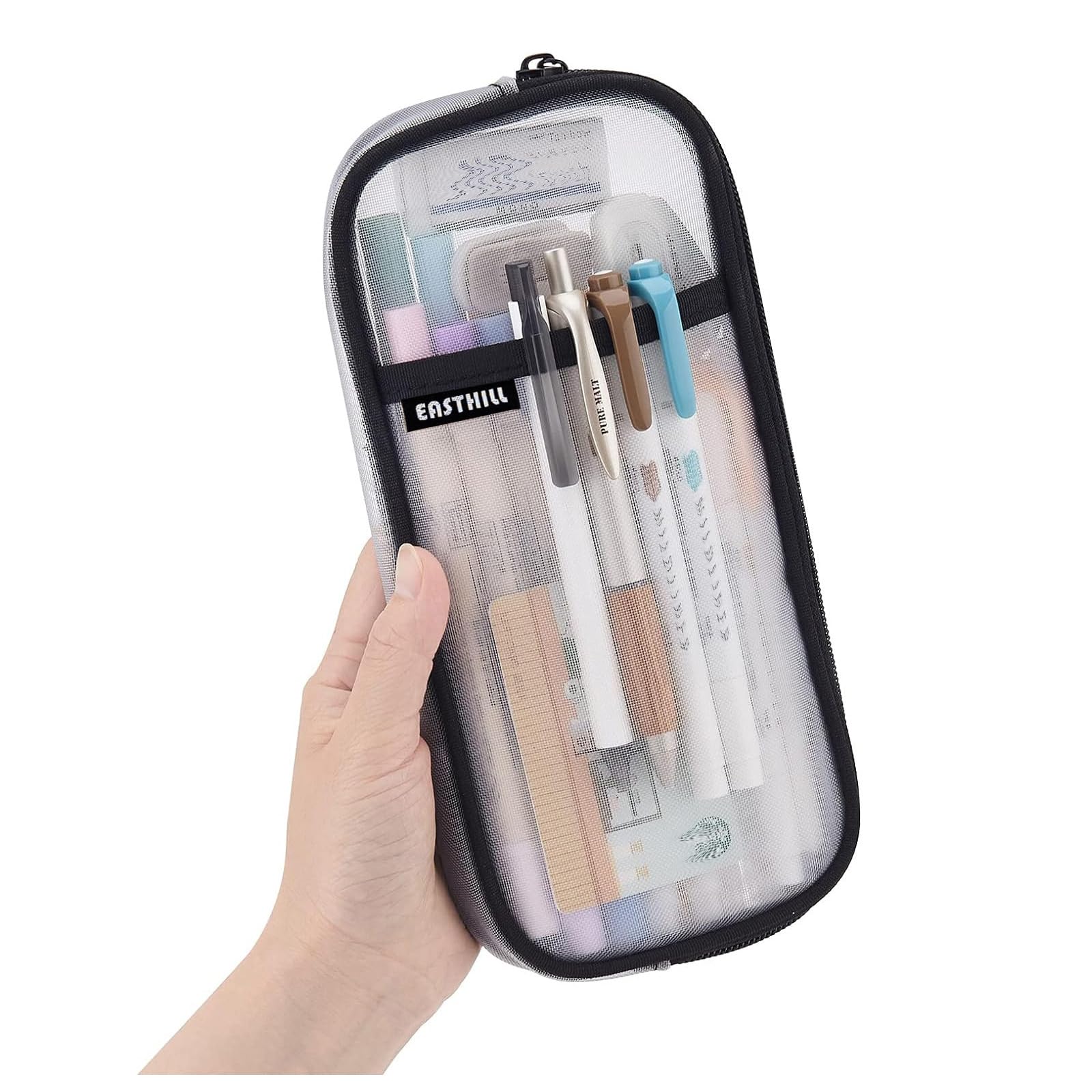 EASTHILL Grid Mesh Pen Pencil Case with Zipper Clear Makeup Color Pouch Cosmetics Bag Multi-Purpose Travel School Teen Girls and Boys Transparent Stationary Bag Office Organizer Box for Adluts(White