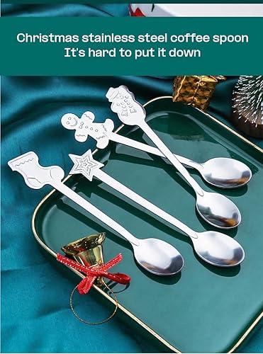 Miniatura 5 de Juego de cucharas de Navidad, cuchara de café creativa de acero inoxidable, cucharas de té de Navidad para revolver, mezclar, batidos, mermelada,