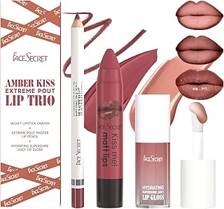 3PCS Lip Liner and Lipstick Combo Set, Velvet Matte Lipstick Pencil & Hydrating Lip Gloss - High Pigment Nude Brown Collection, Long-Lasting Moisturizing Lip Liner for Defining