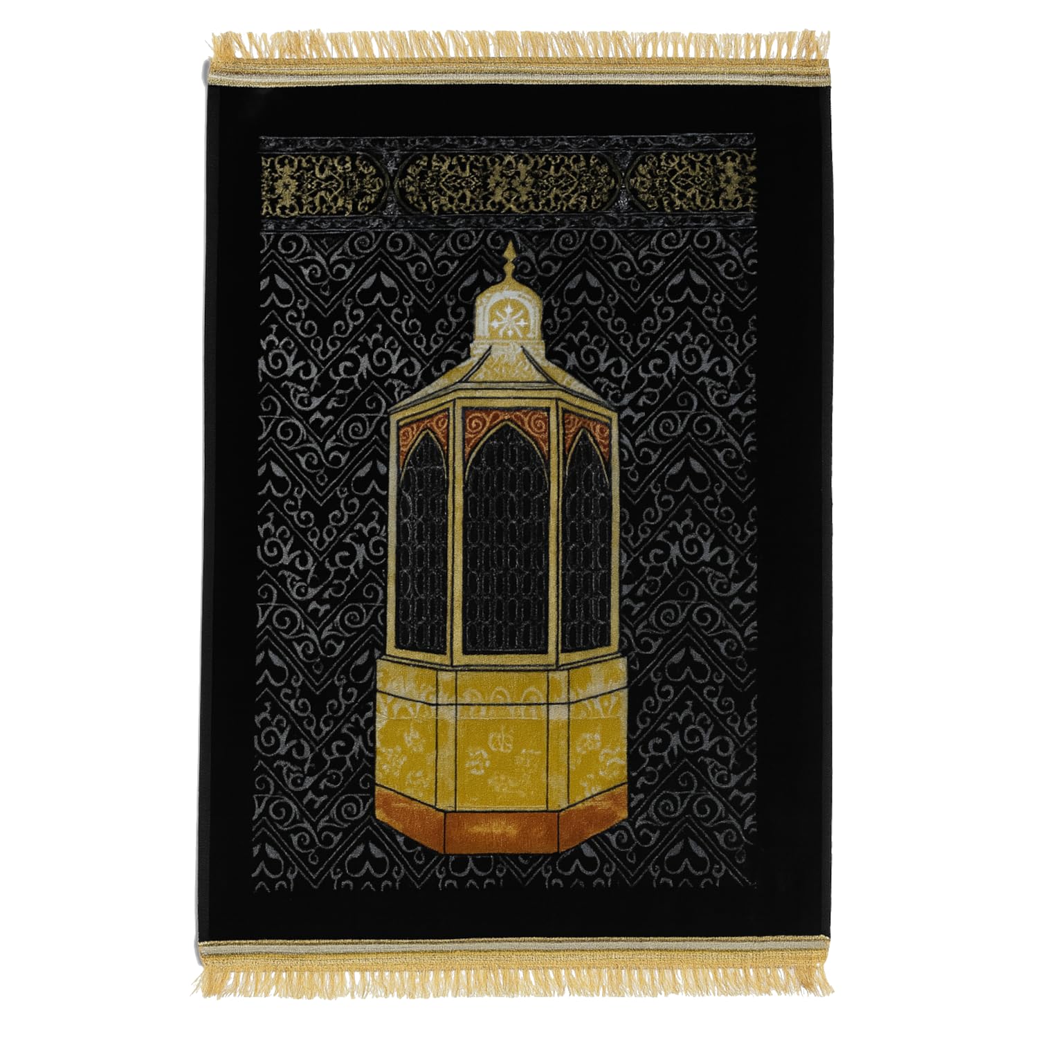 Fabienne Black Prayer Mat 80 x 120 cm Anti-Slip Velvet Top Prayer Rug Kaaba Printed Maqam Ibrahim with Golden Color Edges