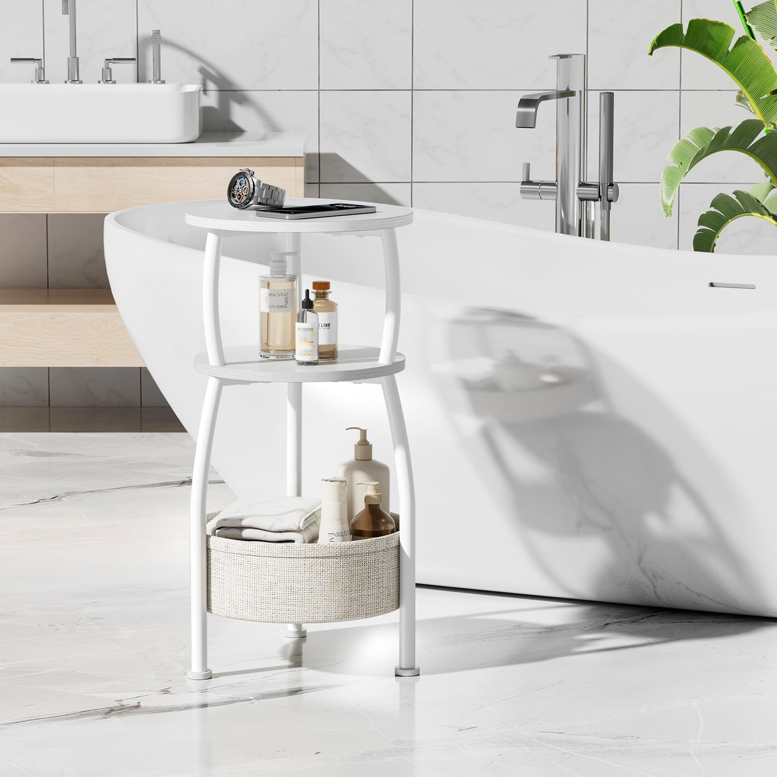 Beistelltisch rund, 3-Stufiger Runder Kleiner Tisch, Couchtisch Klein, Nachttisch, mit Stofftasche, Wohnzimmertisch, Korb aus Stoff, Sofatisch für Room Dekor, Metall, modern 015120550 (Weiß)