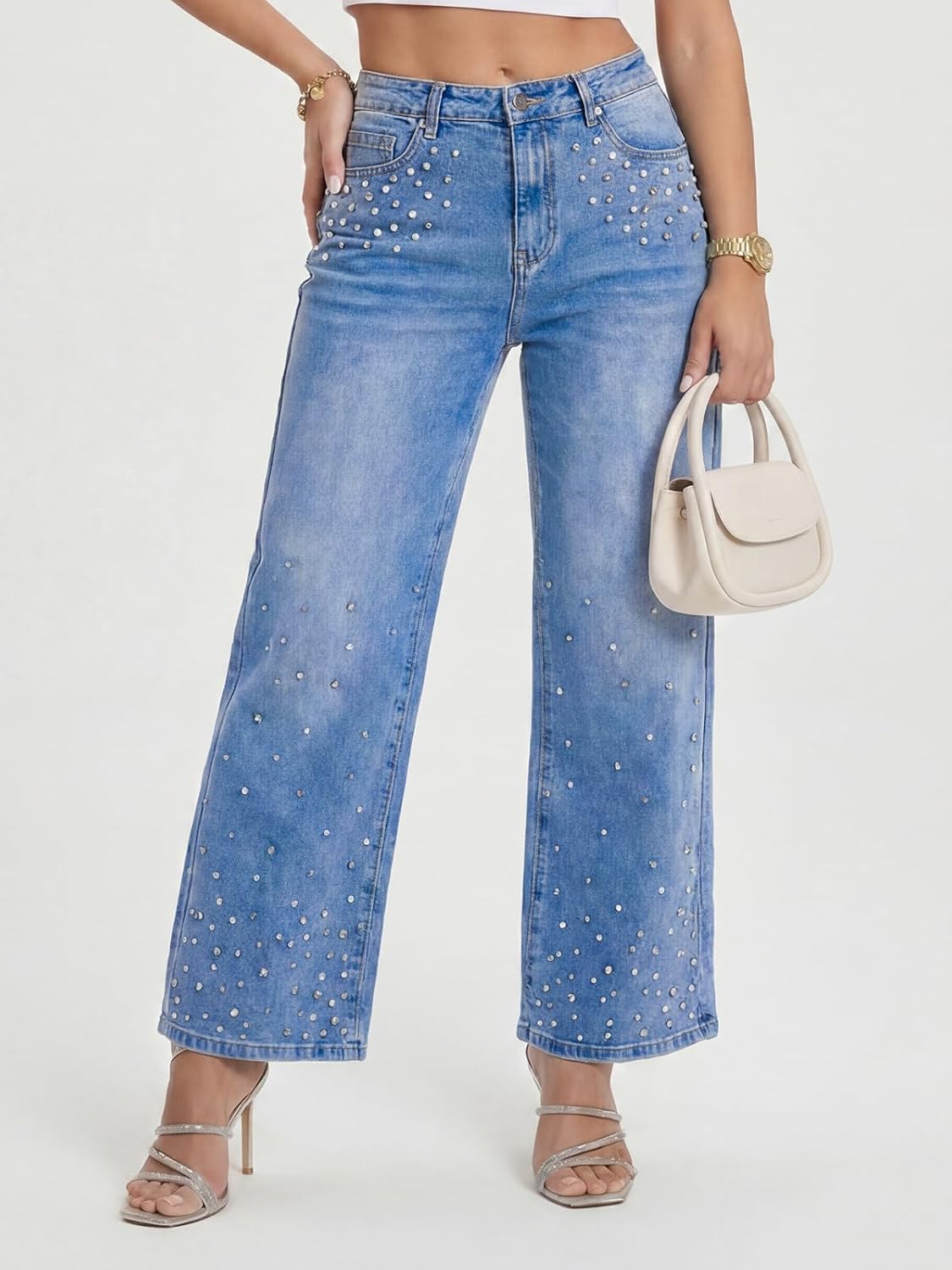 Kedera Womens Stretchy Pearl Jeans High Waisted Straight Wide Leg Bling Sparkly Rhinestone Pants Diamond Denim Trousers