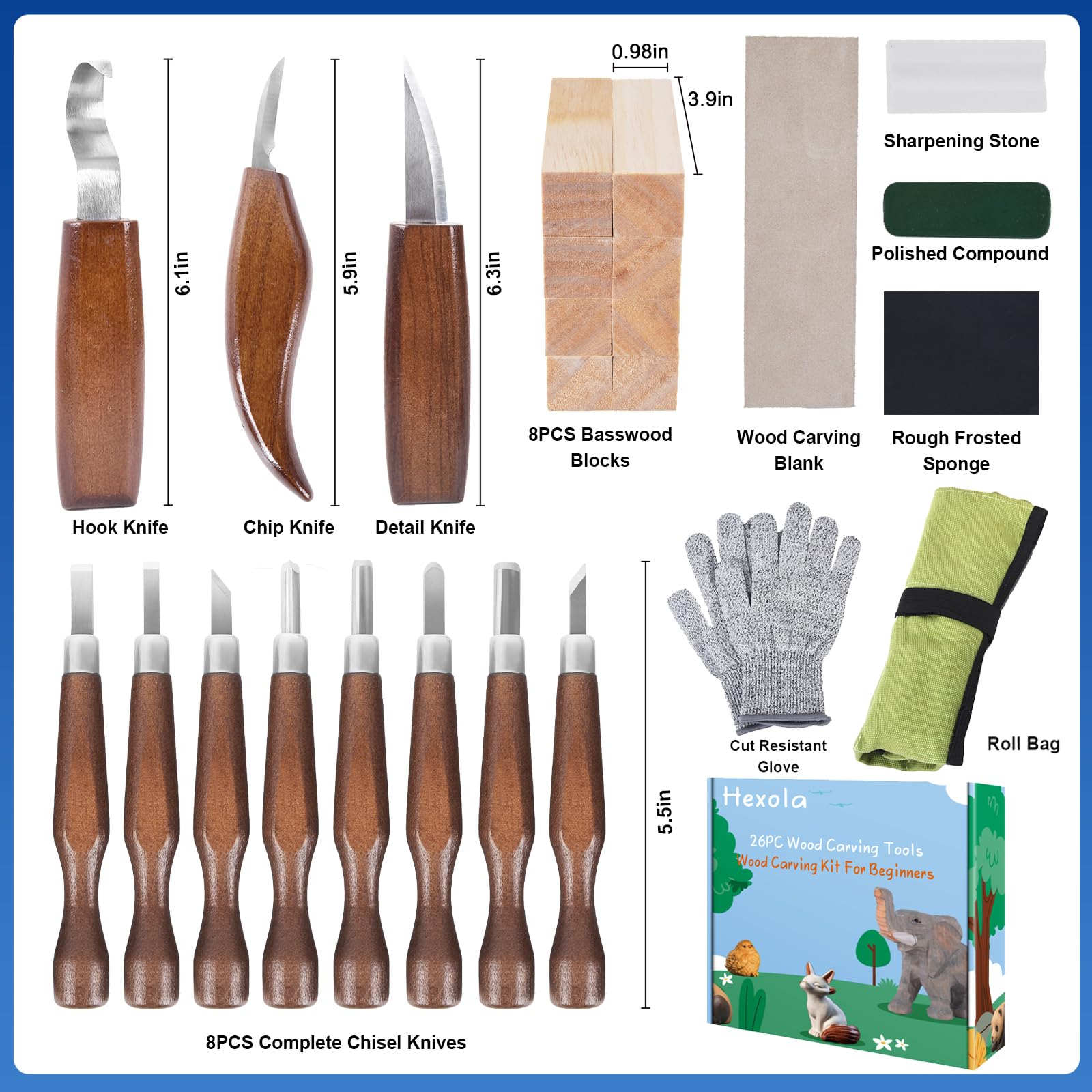 Wood Carving Tools, 26pcs Hand Carving Tool Set Wood Whittling Knife Kit with 3pcs Templates & 8pcs Wood Carving Knives 3 for DIY Sculpture Carpenter Experts & Beginners