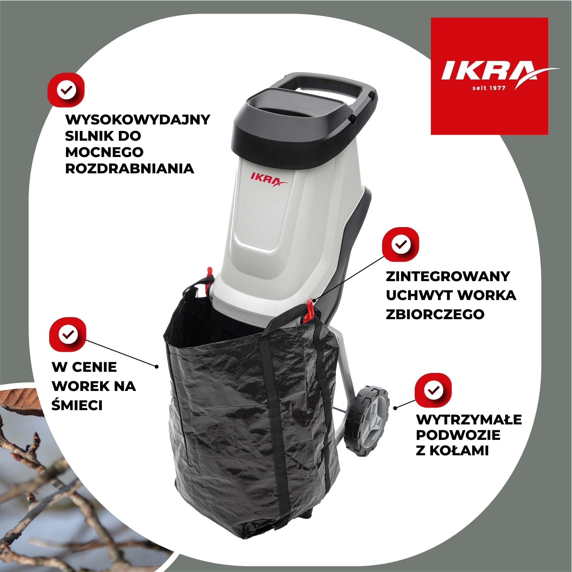 IKRA Rozdrabniacz do gałęzi elektryczny IMH 2800, 45 l, zapasowe ostrza | Rozdrabniacz nożowy z silnikiem 2800 W, trwałe noże dwustronne, idealny do produkcji ściółki ogrodowej, gałęzie do 45 mm
